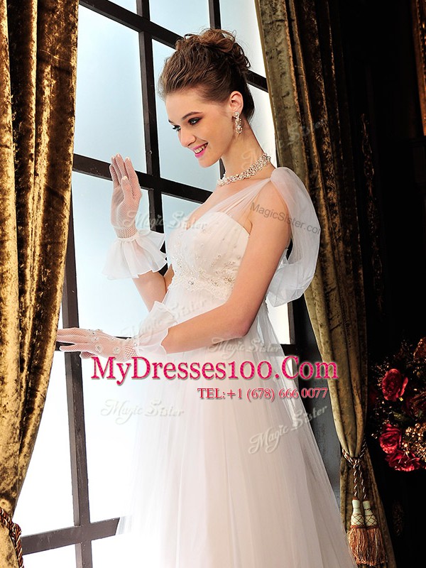 Colorful White Lace Up V-neck Beading Wedding Gown Tulle Sleeveless