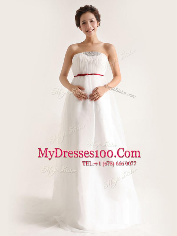 White Column/Sheath Strapless Sleeveless Chiffon With Brush Train Side Zipper Beading Wedding Dresses