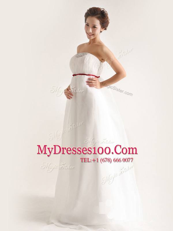 White Column/Sheath Strapless Sleeveless Chiffon With Brush Train Side Zipper Beading Wedding Dresses
