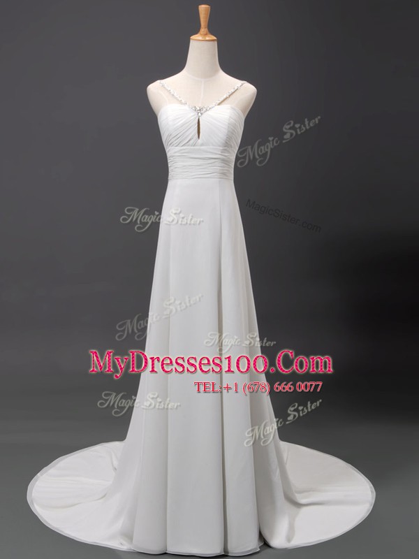 Flare Sleeveless With Train Beading Lace Up Bridal Gown with White Brush Train