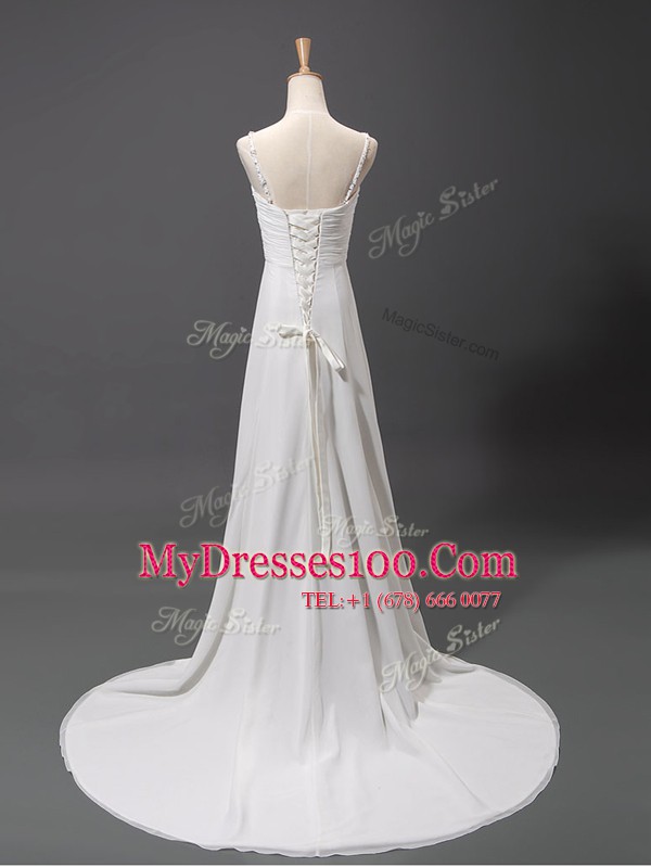 Flare Sleeveless With Train Beading Lace Up Bridal Gown with White Brush Train