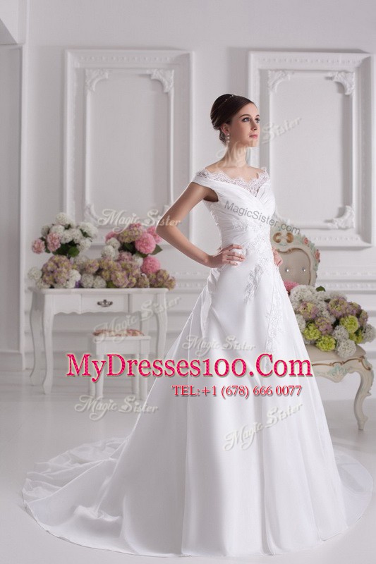 Popular Off the Shoulder White Sleeveless Beading and Appliques Zipper Wedding Gown
