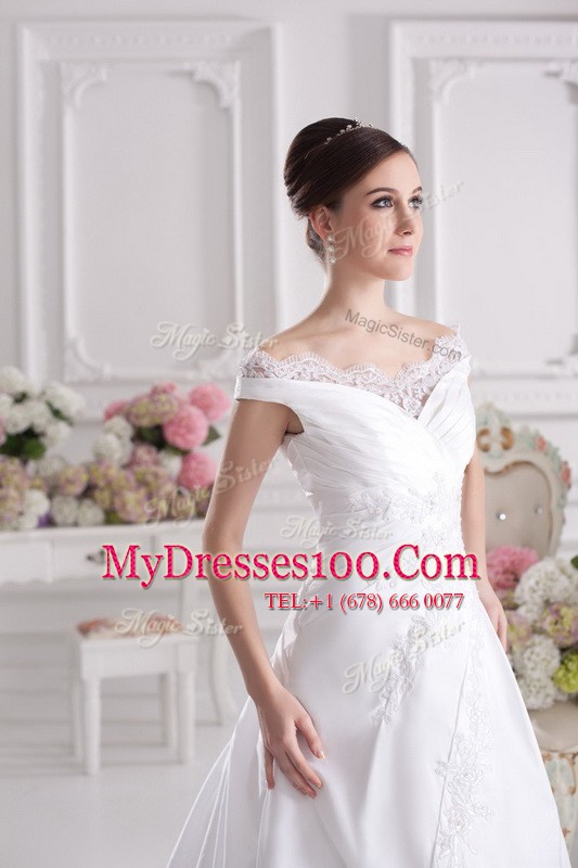 Popular Off the Shoulder White Sleeveless Beading and Appliques Zipper Wedding Gown