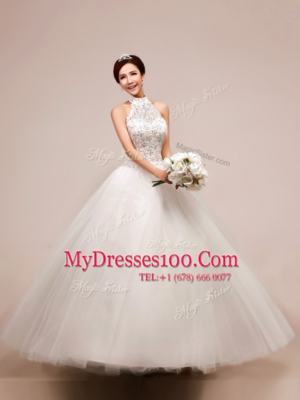 Halter Top White Sleeveless Beading and Appliques High Low Wedding Dresses