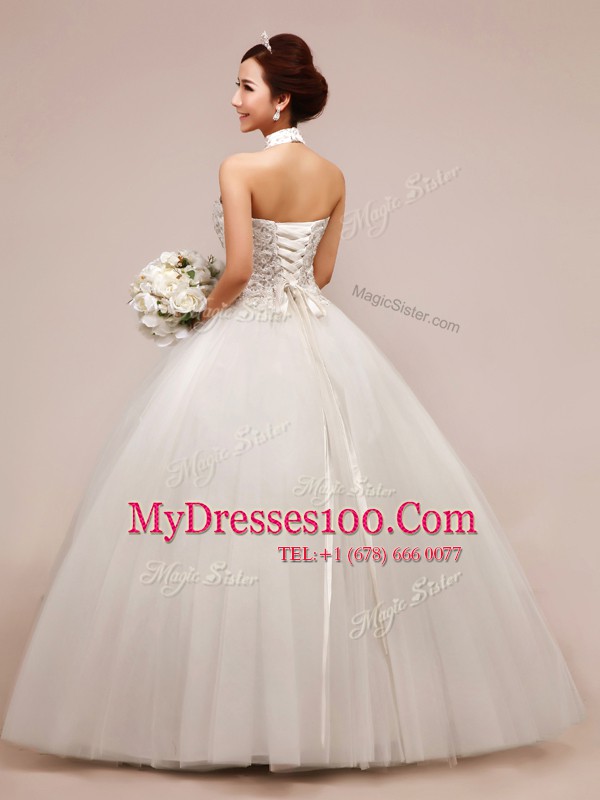 Halter Top White Sleeveless Beading and Appliques High Low Wedding Dresses