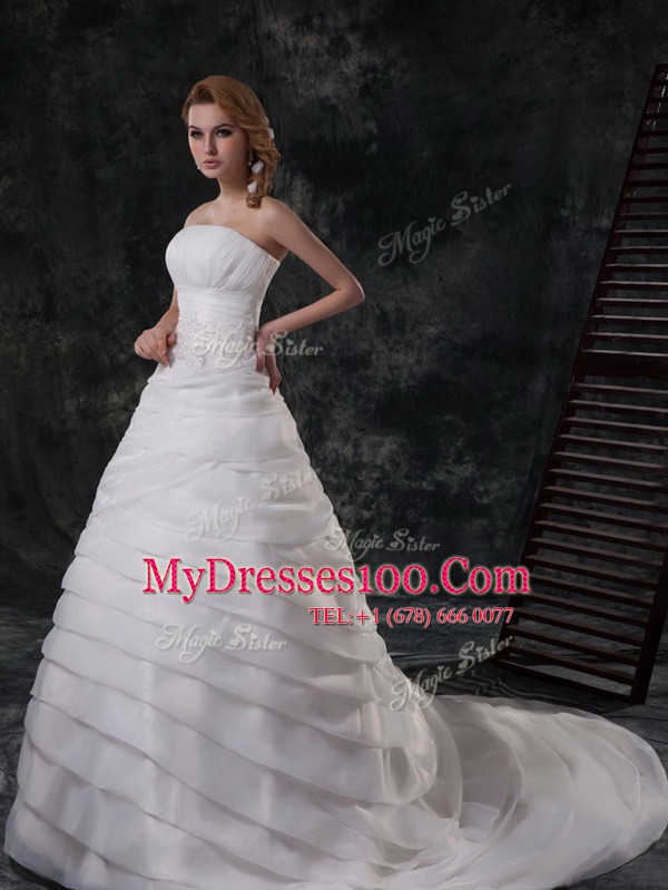 Adorable Ruffled With Train A-line Sleeveless White Wedding Gowns Brush Train Lace Up