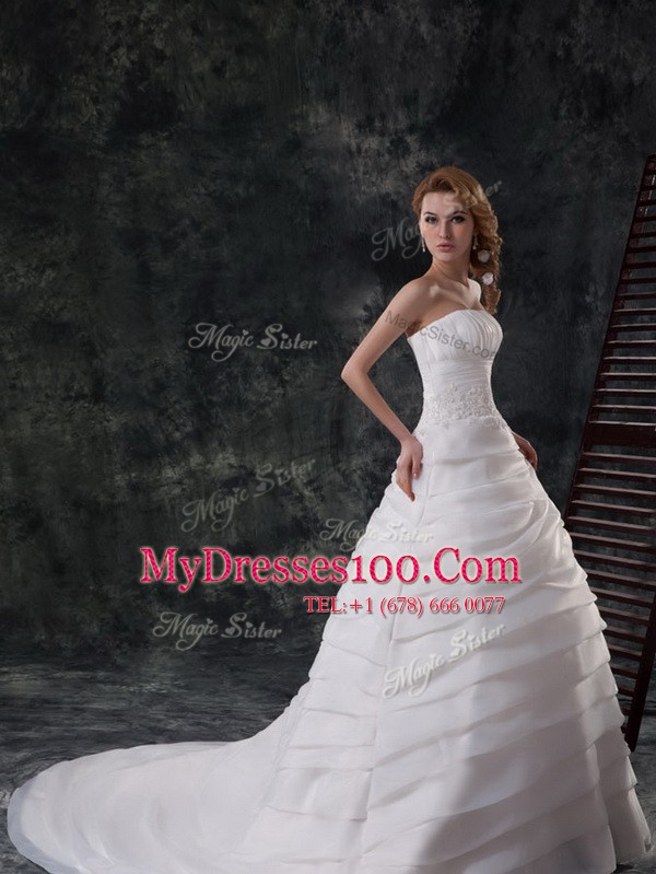 Adorable Ruffled With Train A-line Sleeveless White Wedding Gowns Brush Train Lace Up