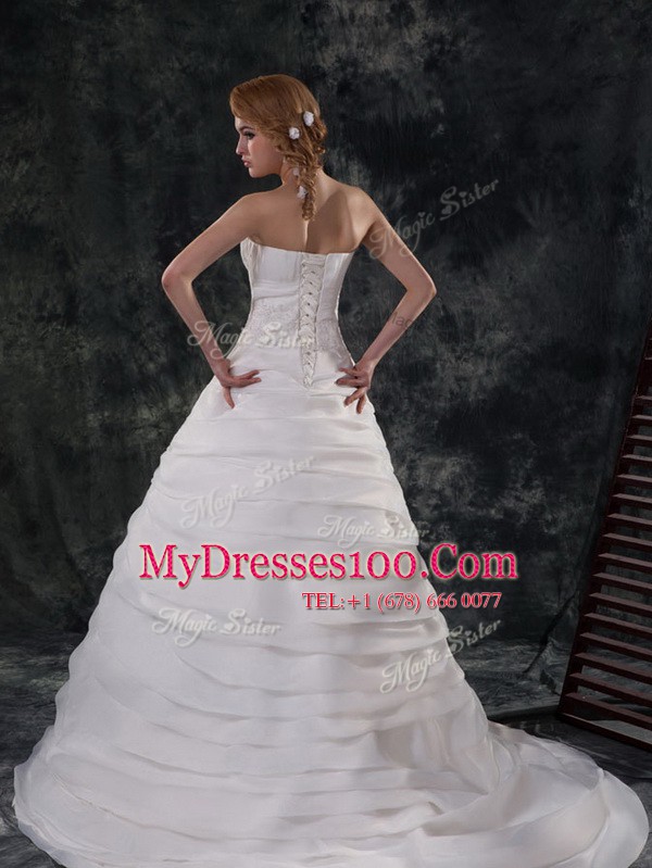 Adorable Ruffled With Train A-line Sleeveless White Wedding Gowns Brush Train Lace Up