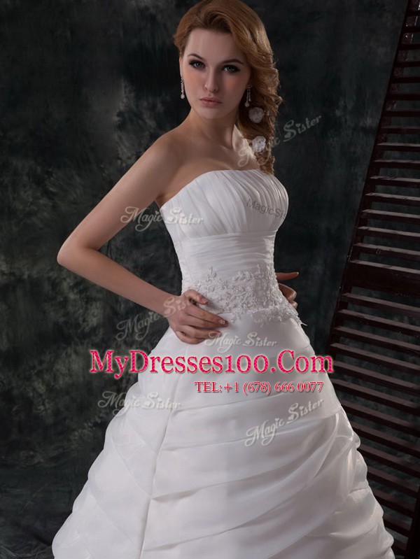 Adorable Ruffled With Train A-line Sleeveless White Wedding Gowns Brush Train Lace Up