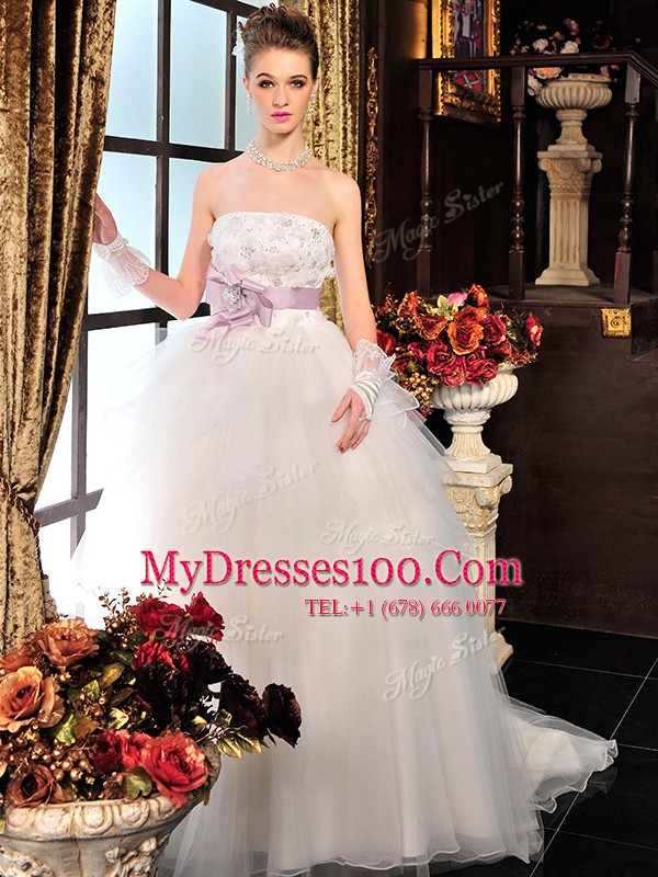 Beading and Bowknot Wedding Dress White Lace Up Sleeveless