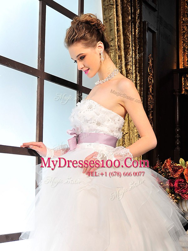 Beading and Bowknot Wedding Dress White Lace Up Sleeveless