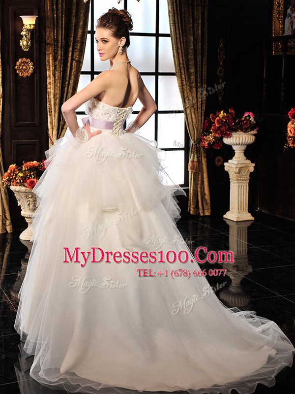 Beading and Bowknot Wedding Dress White Lace Up Sleeveless