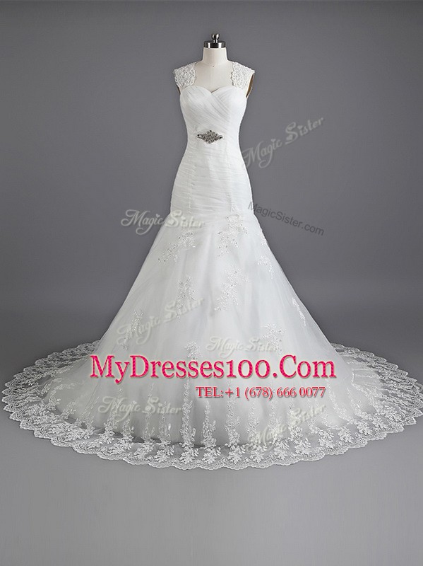 Mermaid White Lace Up Sweetheart Beading and Lace Wedding Dresses Lace Sleeveless Chapel Train