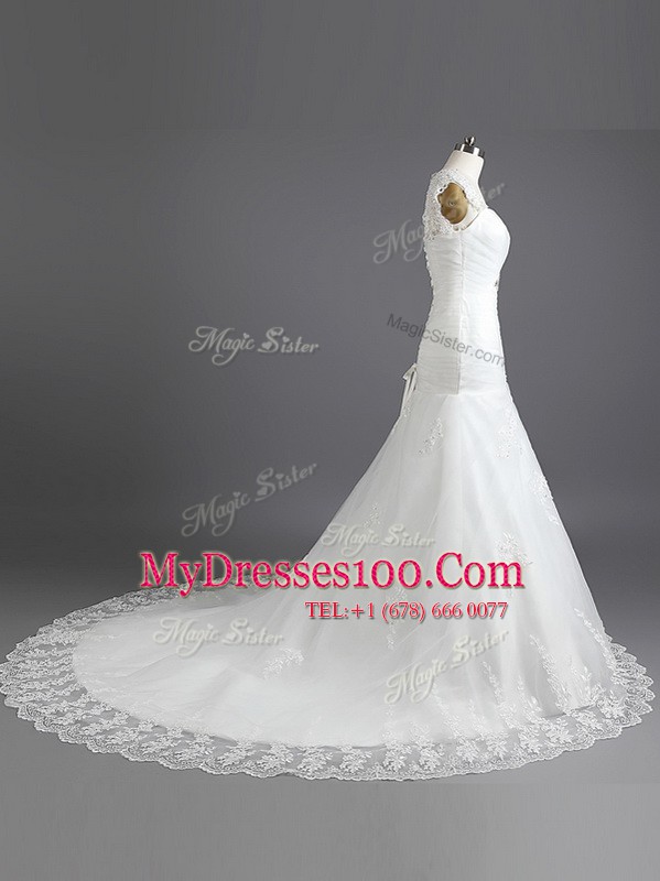 Mermaid White Lace Up Sweetheart Beading and Lace Wedding Dresses Lace Sleeveless Chapel Train