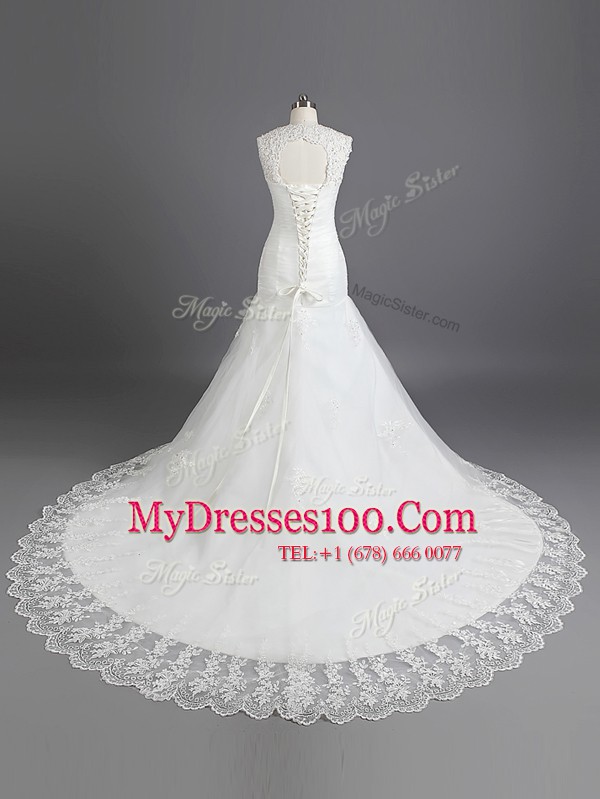 Mermaid White Lace Up Sweetheart Beading and Lace Wedding Dresses Lace Sleeveless Chapel Train