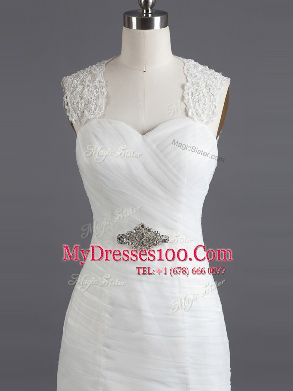 Mermaid White Lace Up Sweetheart Beading and Lace Wedding Dresses Lace Sleeveless Chapel Train