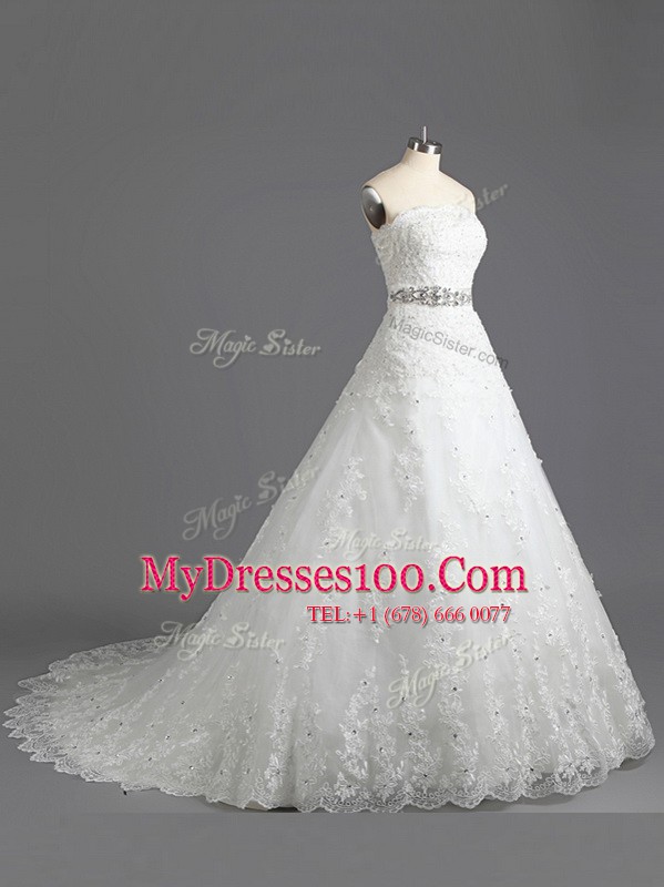 Admirable Scalloped Sleeveless Lace Wedding Gowns Beading and Lace Court Train Lace Up