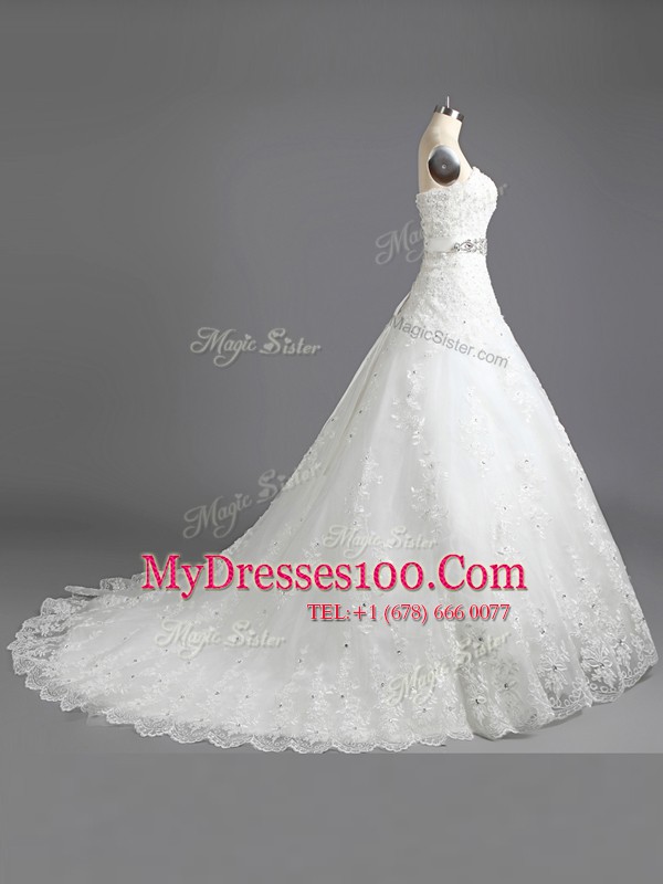 Admirable Scalloped Sleeveless Lace Wedding Gowns Beading and Lace Court Train Lace Up