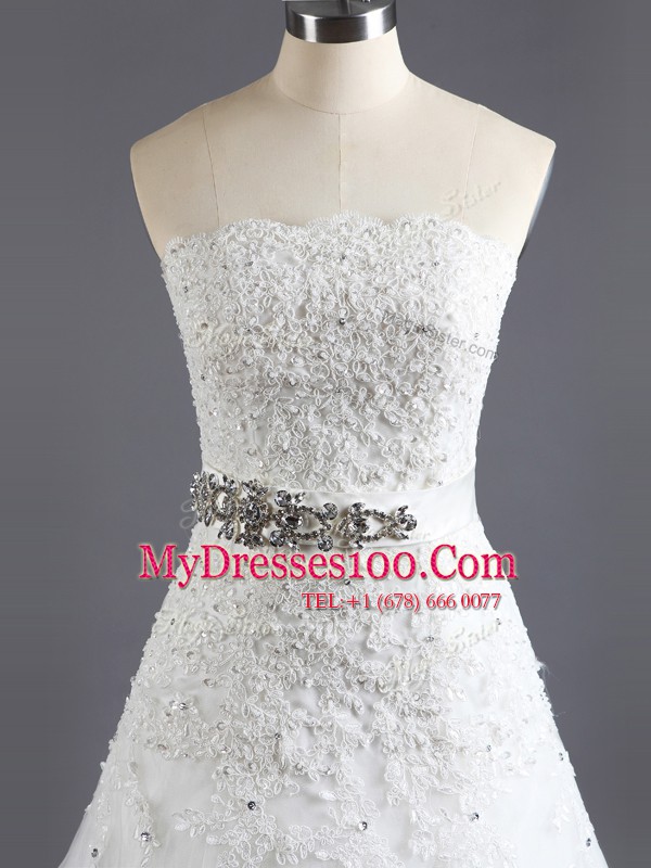 Admirable Scalloped Sleeveless Lace Wedding Gowns Beading and Lace Court Train Lace Up