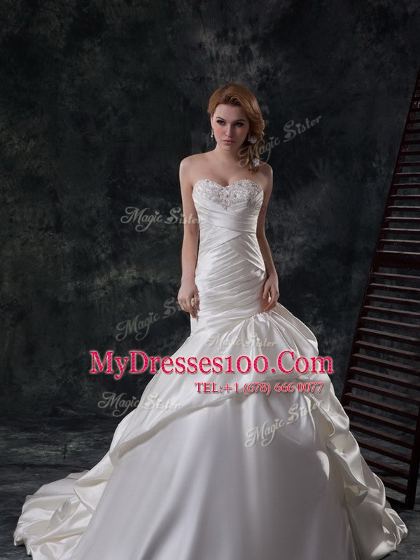 Mermaid White Wedding Gowns Sweetheart Sleeveless Court Train Lace Up