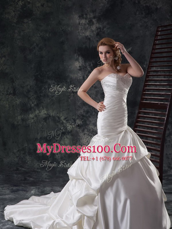 Mermaid White Wedding Gowns Sweetheart Sleeveless Court Train Lace Up