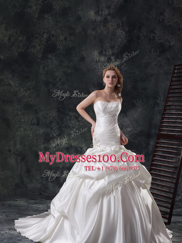 Shining Mermaid Sleeveless Beading and Ruching and Pick Ups Lace Up Bridal Gown with White Brush Train