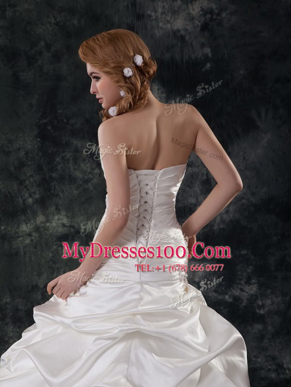 Shining Mermaid Sleeveless Beading and Ruching and Pick Ups Lace Up Bridal Gown with White Brush Train