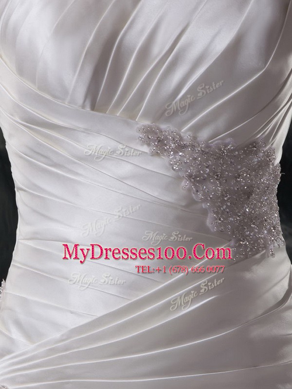 Shining Mermaid Sleeveless Beading and Ruching and Pick Ups Lace Up Bridal Gown with White Brush Train