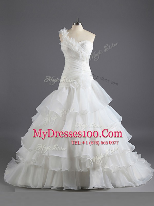 Charming Sweetheart Sleeveless Wedding Gown With Train Court Train Beading and Ruffled Layers and Ruching White Chiffon