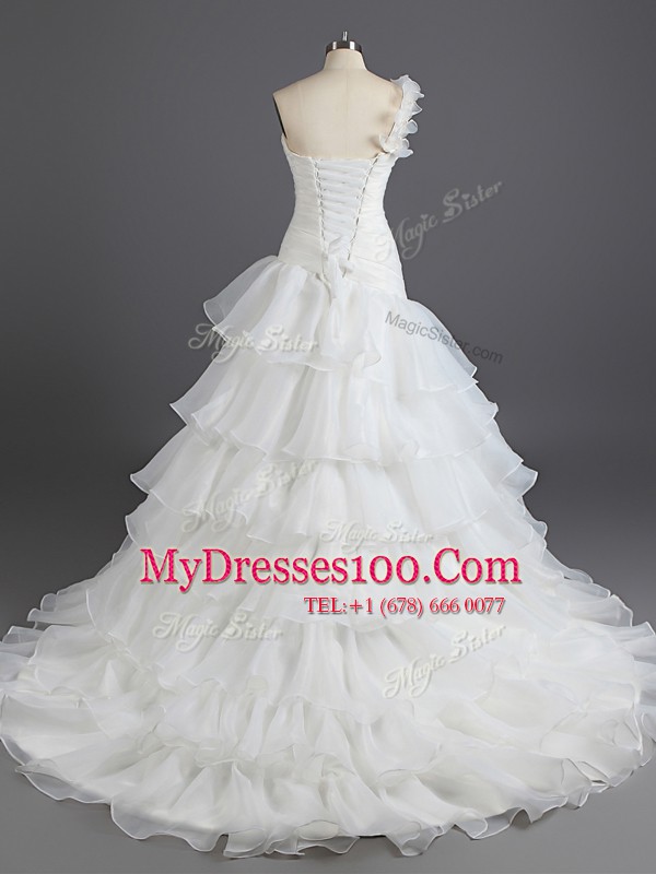Charming Sweetheart Sleeveless Wedding Gown With Train Court Train Beading and Ruffled Layers and Ruching White Chiffon