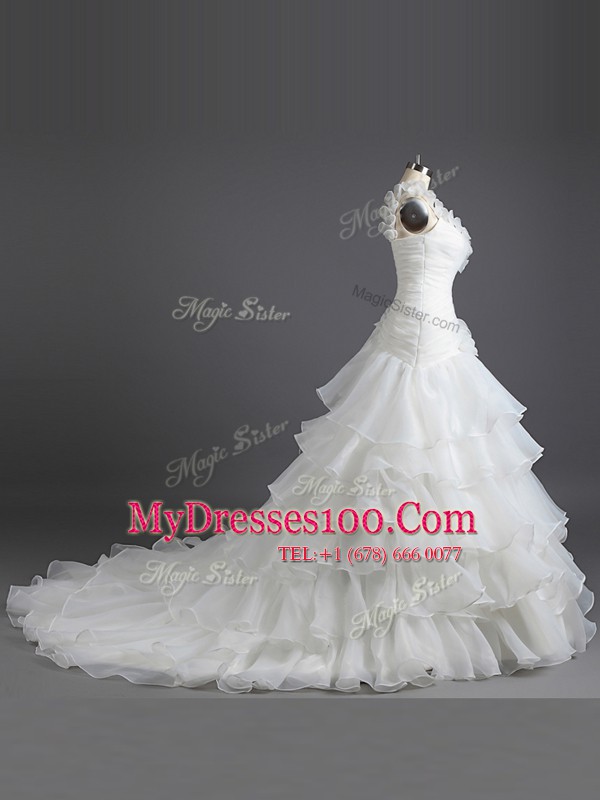 Charming Sweetheart Sleeveless Wedding Gown With Train Court Train Beading and Ruffled Layers and Ruching White Chiffon