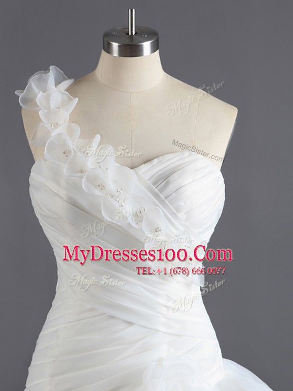 Charming Sweetheart Sleeveless Wedding Gown With Train Court Train Beading and Ruffled Layers and Ruching White Chiffon