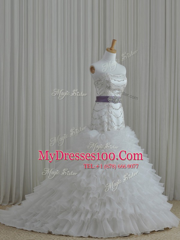 Traditional Sleeveless Lace Up Floor Length Beading and Ruffles and Belt Wedding Dress