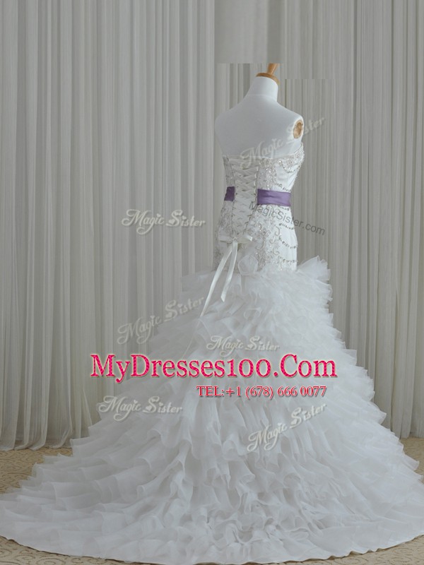 Traditional Sleeveless Lace Up Floor Length Beading and Ruffles and Belt Wedding Dress