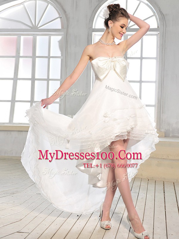 Admirable White Zipper Wedding Dresses Bowknot Sleeveless High Low