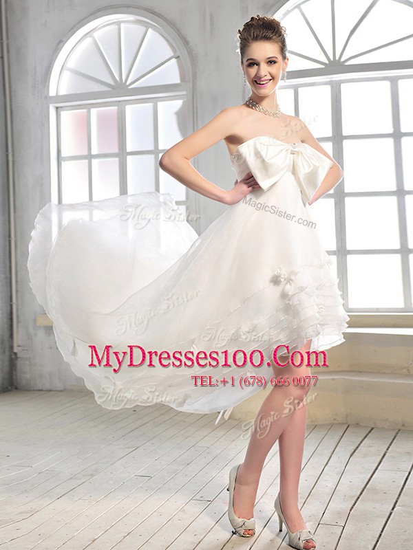 Admirable White Zipper Wedding Dresses Bowknot Sleeveless High Low