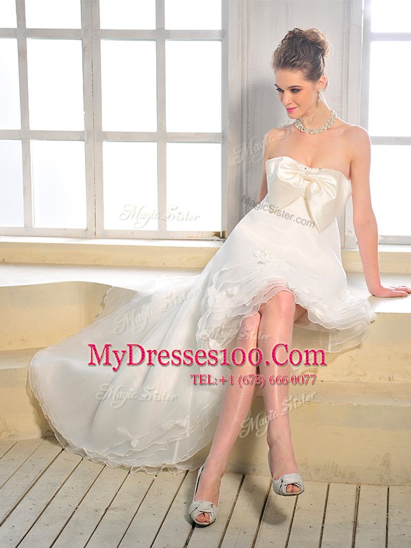 Admirable White Zipper Wedding Dresses Bowknot Sleeveless High Low