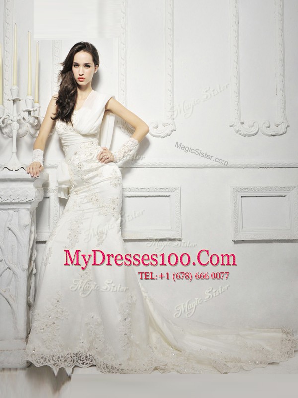 One Shoulder Cap Sleeves Court Train Zipper Wedding Gown White Tulle