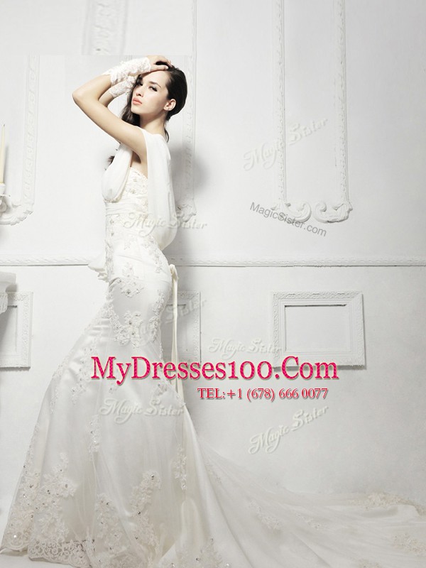 One Shoulder Cap Sleeves Court Train Zipper Wedding Gown White Tulle