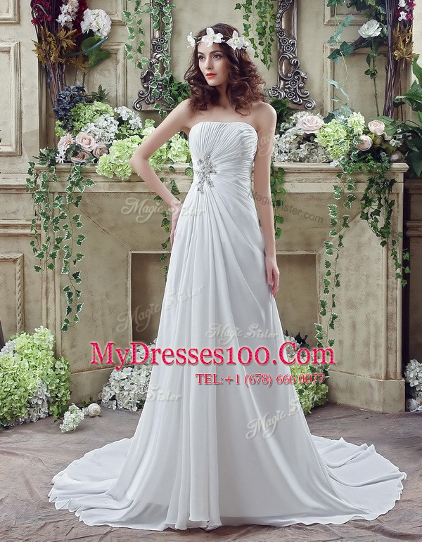 White Chiffon Lace Up Strapless Sleeveless Wedding Dresses Brush Train Beading and Appliques and Ruching