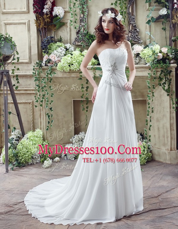 White Chiffon Lace Up Strapless Sleeveless Wedding Dresses Brush Train Beading and Appliques and Ruching