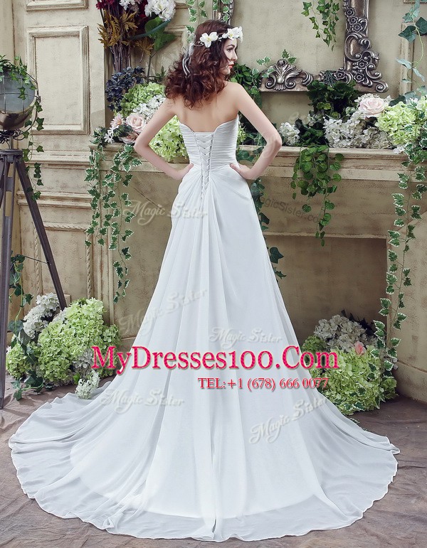 White Chiffon Lace Up Strapless Sleeveless Wedding Dresses Brush Train Beading and Appliques and Ruching