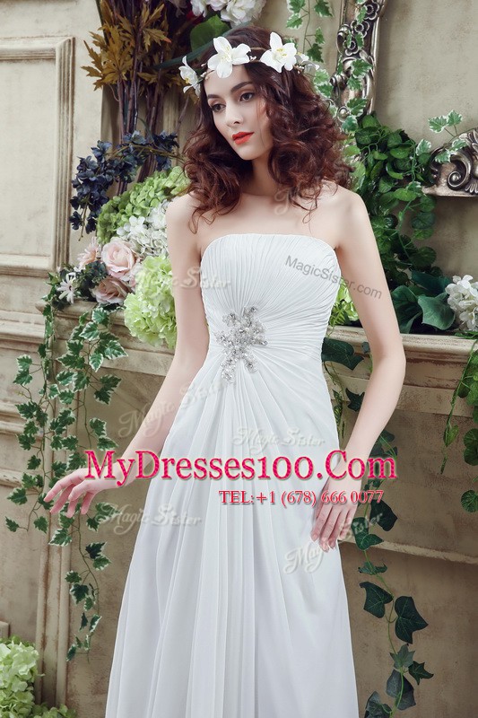 White Chiffon Lace Up Strapless Sleeveless Wedding Dresses Brush Train Beading and Appliques and Ruching