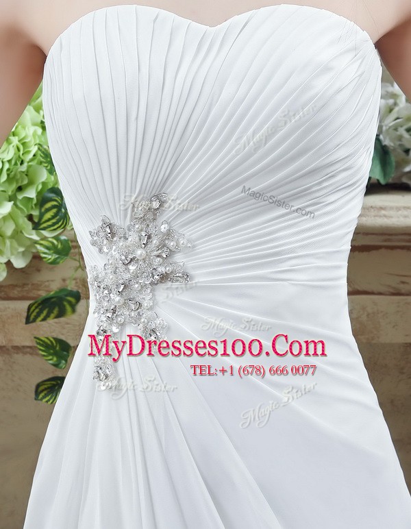 White Chiffon Lace Up Strapless Sleeveless Wedding Dresses Brush Train Beading and Appliques and Ruching