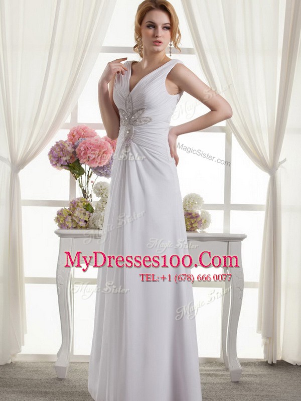 White V-neck Neckline Beading Wedding Gown Sleeveless Lace Up