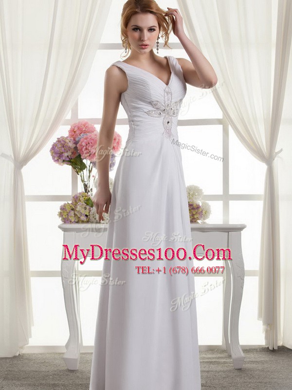 White V-neck Neckline Beading Wedding Gown Sleeveless Lace Up