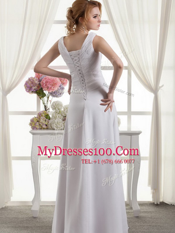White V-neck Neckline Beading Wedding Gown Sleeveless Lace Up