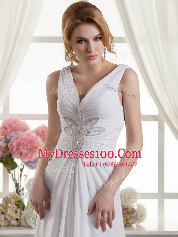 White V-neck Neckline Beading Wedding Gown Sleeveless Lace Up