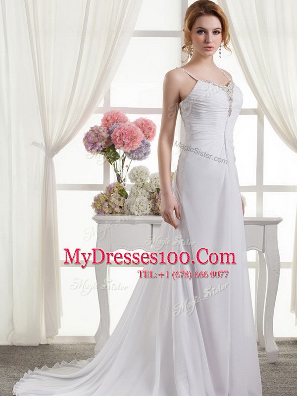 Decent Spaghetti Straps Sleeveless Brush Train Zipper Wedding Gowns White Chiffon