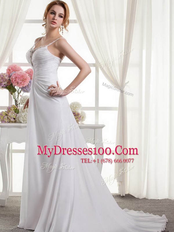 Decent Spaghetti Straps Sleeveless Brush Train Zipper Wedding Gowns White Chiffon